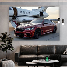 Lade das Bild in den Galerie-Viewer, Leinwandbild Luxusauto vor einem eleganten Privatjet am Flughafen Querformat
