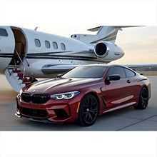 Lade das Bild in den Galerie-Viewer, Leinwandbild Luxusauto vor einem eleganten Privatjet am Flughafen Querformat
