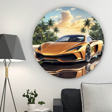 Lade das Bild in den Galerie-Viewer, Aluminiumbild gebürstet Luxuswagen vor exotischer Kulisse Kreis