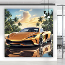 Lade das Bild in den Galerie-Viewer, Aluminiumbild gebürstet Luxuswagen vor exotischer Kulisse Quadrat