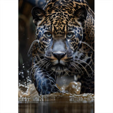 Lade das Bild in den Galerie-Viewer, Aluminiumbild Mächtiger Jaguar im Wasser Hochformat