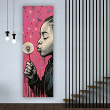 Lade das Bild in den Galerie-Viewer, Acrylglasbild Mädchen mit Pusteblume mit Street Art Hintergrund Panorama Hoch