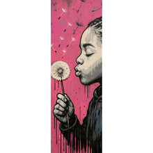 Lade das Bild in den Galerie-Viewer, Acrylglasbild Mädchen mit Pusteblume mit Street Art Hintergrund Panorama Hoch