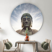 Lade das Bild in den Galerie-Viewer, Aluminiumbild Majestätische Buddha-Statue vor strahlendem Himmel Kreis