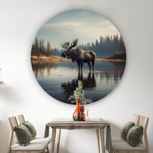 Lade das Bild in den Galerie-Viewer, Aluminiumbild gebürstet Majestätischer Elch im See Kreis