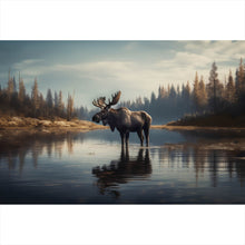 Lade das Bild in den Galerie-Viewer, Spannrahmenbild Majestätischer Elch im See Querformat