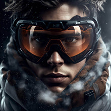 Lade das Bild in den Galerie-Viewer, Aluminiumbild gebürstet Mann mit Skibrille in Nahaufnahme Quadrat