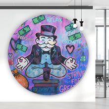 Lade das Bild in den Galerie-Viewer, Aluminiumbild Meditierende Spielfigur mit Geld und motivierenden Sprüchen Kreis