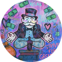 Lade das Bild in den Galerie-Viewer, Aluminiumbild Meditierende Spielfigur mit Geld und motivierenden Sprüchen Kreis