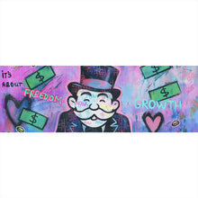 Lade das Bild in den Galerie-Viewer, Leinwandbild Meditierende Spielfigur mit Geld und motivierenden Sprüchen Panorama