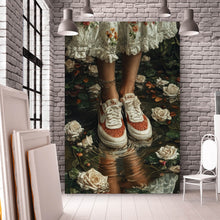 Lade das Bild in den Galerie-Viewer, Leinwandbild Mit Blumenkleid und Sneaker im Rosengarten Hochformat