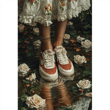 Lade das Bild in den Galerie-Viewer, Aluminiumbild gebürstet Mit Blumenkleid und Sneaker im Rosengarten Hochformat
