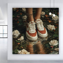Lade das Bild in den Galerie-Viewer, Aluminiumbild gebürstet Mit Blumenkleid und Sneaker im Rosengarten Quadrat