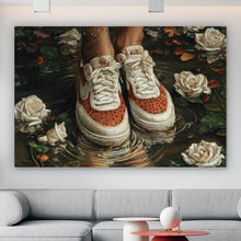 Lade das Bild in den Galerie-Viewer, Leinwandbild Mit Blumenkleid und Sneaker im Rosengarten Querformat