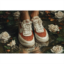 Lade das Bild in den Galerie-Viewer, Aluminiumbild Mit Blumenkleid und Sneaker im Rosengarten Querformat