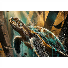 Lade das Bild in den Galerie-Viewer, Aluminiumbild gebürstet Modern Art Schildkröte im Street Art Stil Querformat