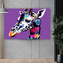 Lade das Bild in den Galerie-Viewer, Aluminiumbild gebürstet Moderne Giraffe mit Kopfhörern Kunst Querformat