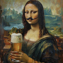Lade das Bild in den Galerie-Viewer, Leinwandbild Mona mit Schnurrbart und Bierkrug in der Hand Quadrat
