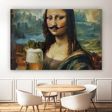 Lade das Bild in den Galerie-Viewer, Leinwandbild Mona mit Schnurrbart und Bierkrug in der Hand Querformat
