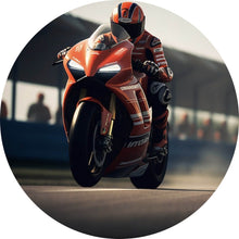 Lade das Bild in den Galerie-Viewer, Aluminiumbild gebürstet Motorradfahrer auf Rennstrecke bei hoher Geschwindigkeit Kreis