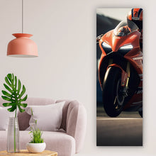 Lade das Bild in den Galerie-Viewer, Leinwandbild Motorradfahrer auf Rennstrecke bei hoher Geschwindigkeit Panorama Hoch