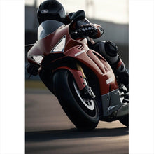 Lade das Bild in den Galerie-Viewer, Leinwandbild Motorradfahrer in dynamischer Kurvenfahrt Hochformat