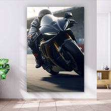 Lade das Bild in den Galerie-Viewer, Leinwandbild Motorradfahrt auf der Rennstrecke bei Sonnenuntergang Hochformat