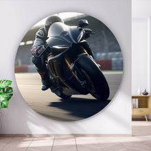 Lade das Bild in den Galerie-Viewer, Aluminiumbild gebürstet Motorradfahrt auf der Rennstrecke bei Sonnenuntergang Kreis