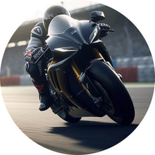 Lade das Bild in den Galerie-Viewer, Aluminiumbild gebürstet Motorradfahrt auf der Rennstrecke bei Sonnenuntergang Kreis