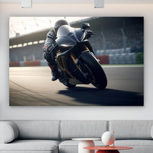 Lade das Bild in den Galerie-Viewer, Leinwandbild Motorradfahrt auf der Rennstrecke bei Sonnenuntergang Querformat