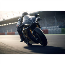 Lade das Bild in den Galerie-Viewer, Spannrahmenbild Motorradfahrt auf der Rennstrecke bei Sonnenuntergang Querformat