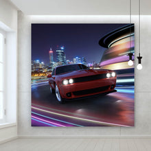Lade das Bild in den Galerie-Viewer, Leinwandbild Muscle Car in der Stadt bei Nacht Quadrat