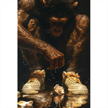 Lade das Bild in den Galerie-Viewer, Aluminiumbild gebürstet Muskulärer Affe mit goldenen Sneaker Hochformat