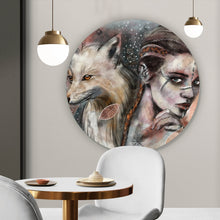 Lade das Bild in den Galerie-Viewer, Aluminiumbild gebürstet Mystische Frau mit Fuchs Abstrakt Kreis
