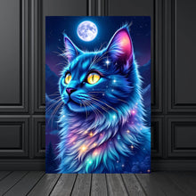 Lade das Bild in den Galerie-Viewer, Aluminiumbild Mystische Katze unter leuchtendem Mond Hochformat