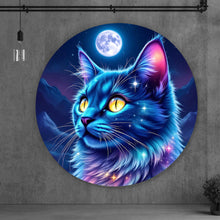 Lade das Bild in den Galerie-Viewer, Aluminiumbild gebürstet Mystische Katze unter leuchtendem Mond Kreis