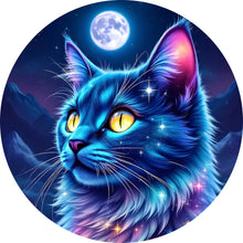Lade das Bild in den Galerie-Viewer, Aluminiumbild gebürstet Mystische Katze unter leuchtendem Mond Kreis