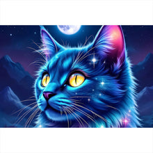 Lade das Bild in den Galerie-Viewer, Aluminiumbild gebürstet Mystische Katze unter leuchtendem Mond Querformat