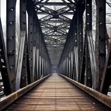 Lade das Bild in den Galerie-Viewer, Aluminiumbild gebürstet Mystische Stahlbrücke in die Ferne Quadrat