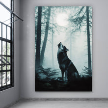 Lade das Bild in den Galerie-Viewer, Aluminiumbild Mystisches Wolfsmotiv mit Vollmond im Wald Hochformat