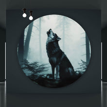 Lade das Bild in den Galerie-Viewer, Aluminiumbild gebürstet Mystisches Wolfsmotiv mit Vollmond im Wald Kreis