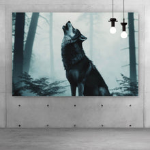 Lade das Bild in den Galerie-Viewer, Poster Mystisches Wolfsmotiv mit Vollmond im Wald Querformat