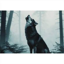 Lade das Bild in den Galerie-Viewer, Poster Mystisches Wolfsmotiv mit Vollmond im Wald Querformat