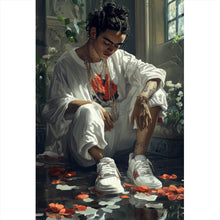 Lade das Bild in den Galerie-Viewer, Aluminiumbild gebürstet Nachdenkliche Frida umgeben von Blüten und Blumen Hochformat