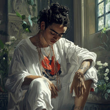 Lade das Bild in den Galerie-Viewer, Leinwandbild Nachdenkliche Frida umgeben von Blüten und Blumen Quadrat