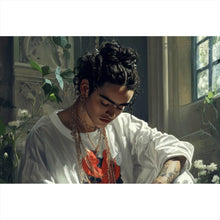 Lade das Bild in den Galerie-Viewer, Acrylglasbild Nachdenkliche Frida umgeben von Blüten und Blumen Querformat