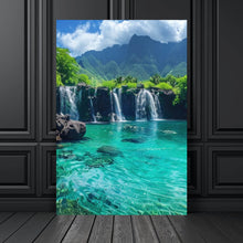 Lade das Bild in den Galerie-Viewer, Aluminiumbild Naturparadies mit Wasserfall Kulisse Hochformat