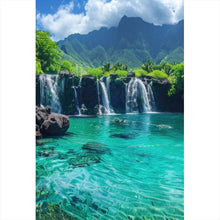 Lade das Bild in den Galerie-Viewer, Aluminiumbild gebürstet Naturparadies mit Wasserfall Kulisse Hochformat