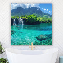 Lade das Bild in den Galerie-Viewer, Aluminiumbild gebürstet Naturparadies mit Wasserfall Kulisse Quadrat