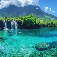 Lade das Bild in den Galerie-Viewer, Aluminiumbild gebürstet Naturparadies mit Wasserfall Kulisse Quadrat